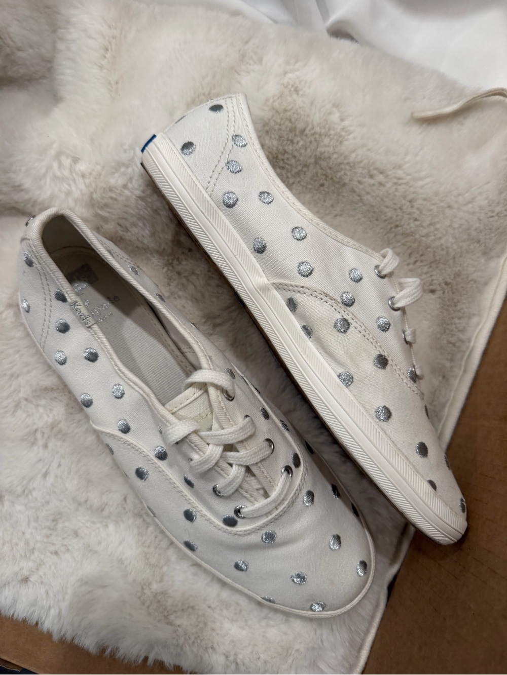 kate spade White Canvas Sneakers with Silver Polka Dots